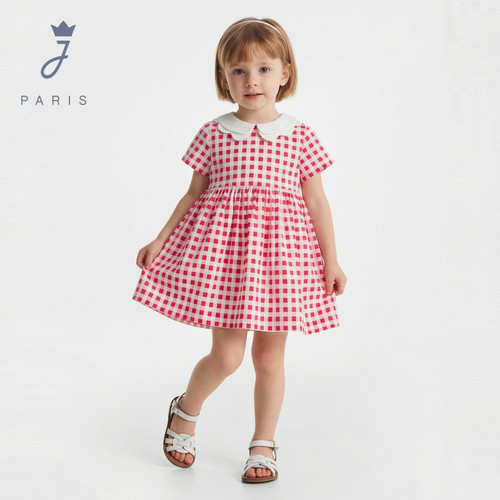 Jacadi亚卡迪女小童连衣裙2026夏季新款格纹翻领法式裙子2021570
