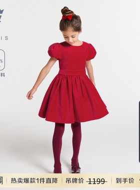 Jacadi亚卡迪女童法式纯棉天鹅绒连衣裙新款红色礼服裙子2043905