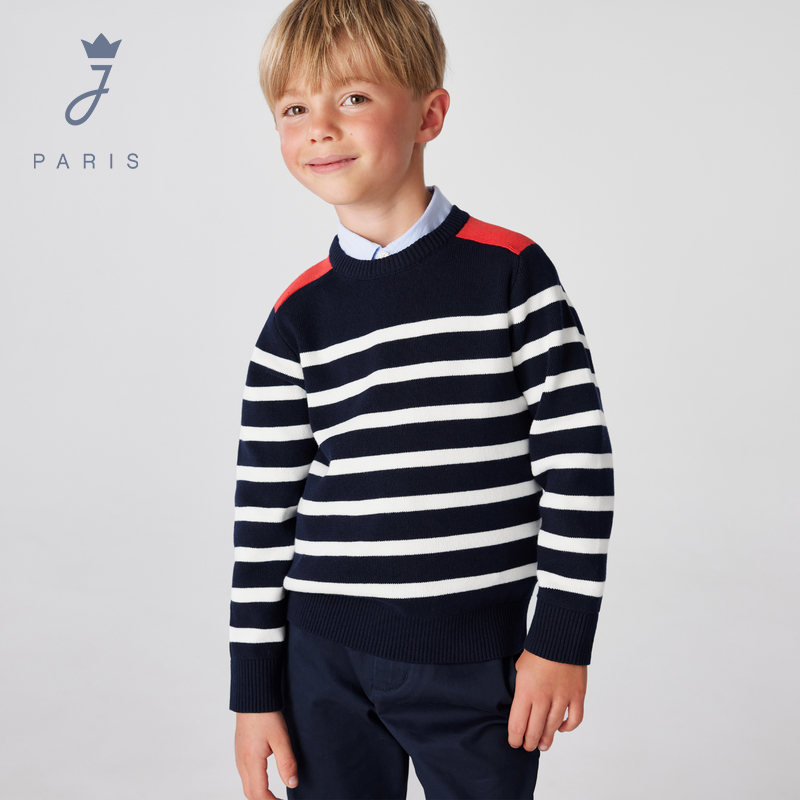 拼色条纹时尚圆领毛衣