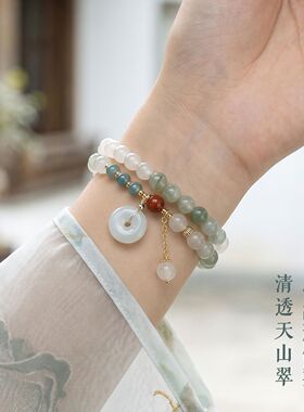 新中式天山翠双圈串珠手链女中国风翡翠平安扣东陵玉手串首饰