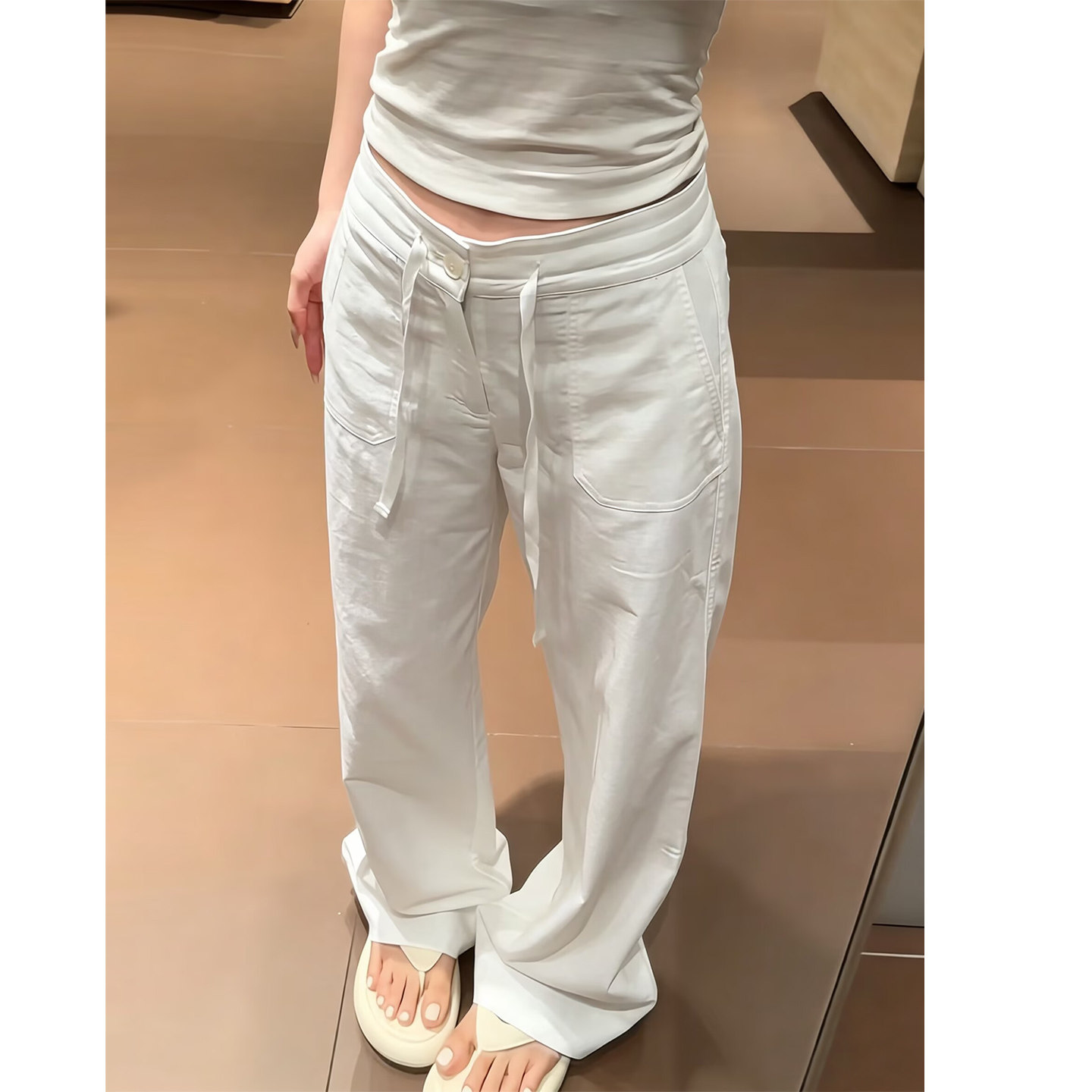 白色低腰抽绳阔腿裤女夏季薄款宽松慵懒显瘦垂坠感休闲冰丝直筒裤