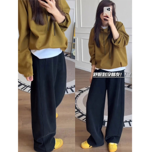 小个子秋冬加绒高腰休闲直筒阔腿裤 2025新款 女秋季 黑色香蕉运动裤