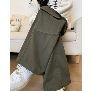 军绿色美式加绒工装裤女秋冬季2025新款小个子高腰宽松休闲阔腿裤