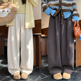 米白色加绒中线糯米阔腿裤女秋冬2025新款高腰垂感休闲香蕉弯刀裤