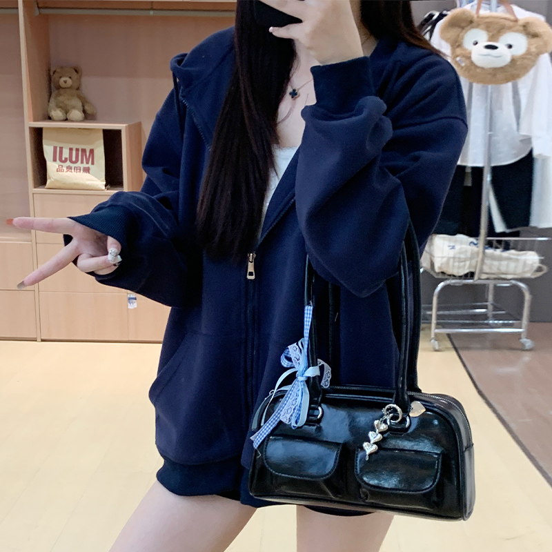 藏青色连帽卫衣女春秋季开衫外套