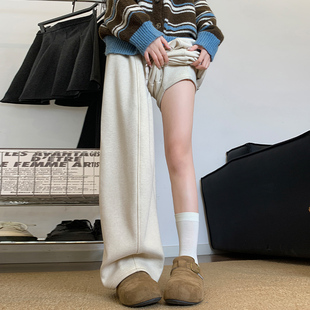 米白色中线糯米弯刀裤女秋冬季2025新款小个子高腰加绒加厚阔腿裤