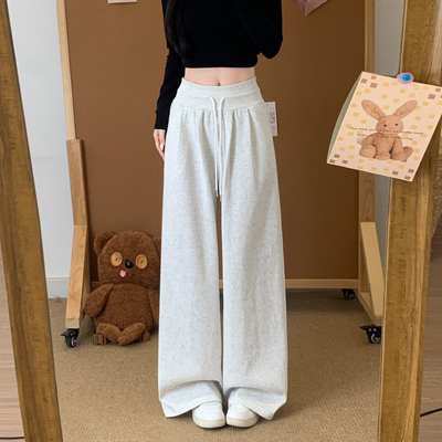 白灰加绒高腰阔腿运动卫裤女