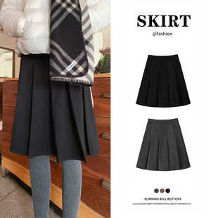黑色中长款百褶裙女秋冬高腰小个子百搭学院风a字半身裙显瘦短裙
