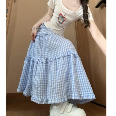 夏季蓝色格子高腰显瘦蛋糕半身裙