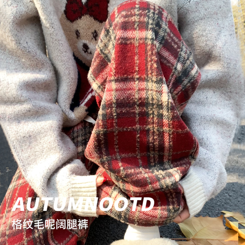 圣诞红色格子裤女休闲复古阔腿裤
