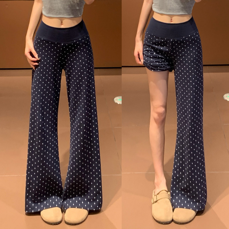 藏青波点微喇裤女夏薄款高腰直筒图片