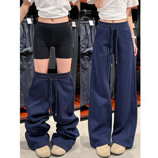 高腰显瘦加绒小个子阔腿裤 藏青色lulu窄版 新款 女2025冬季 运动卫裤