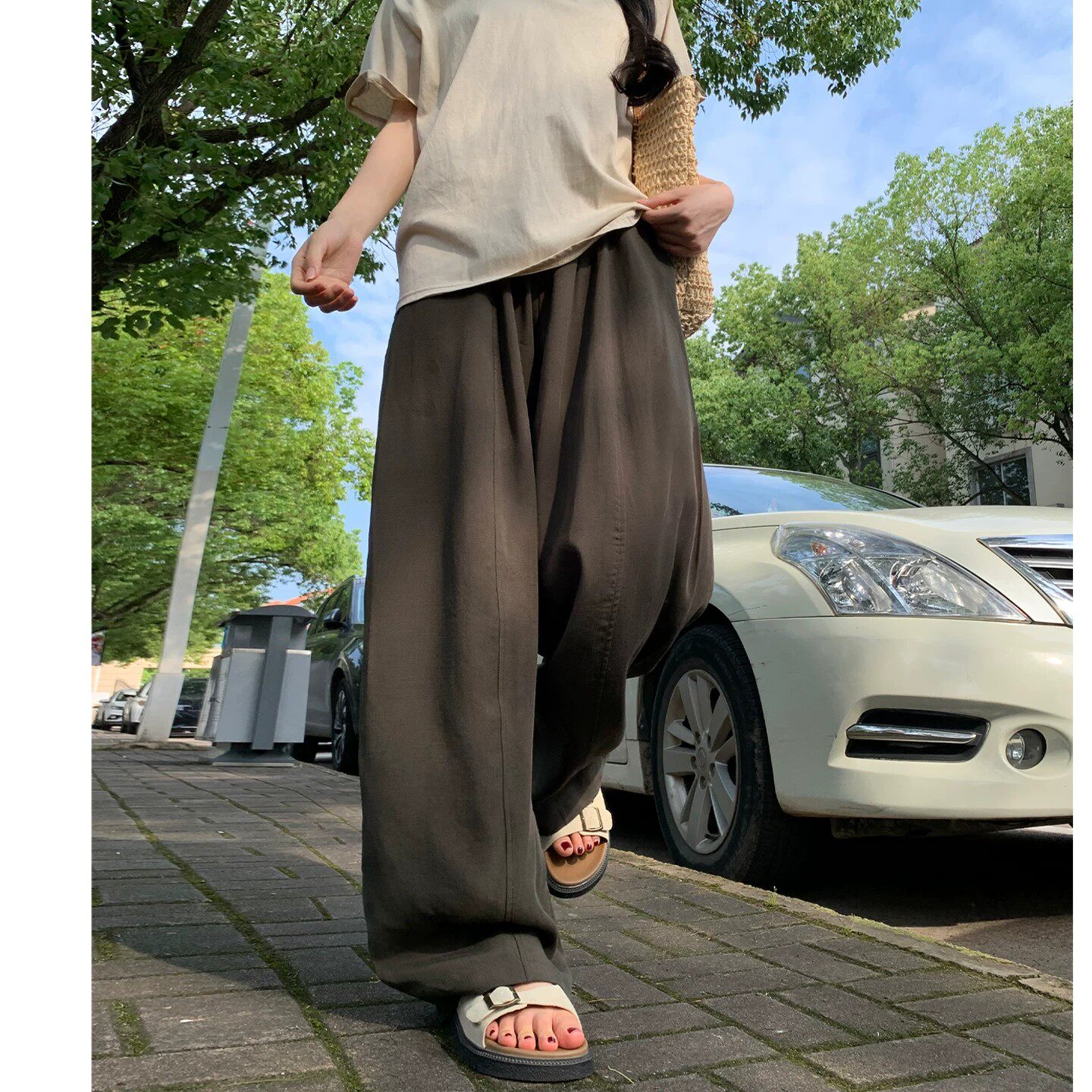 天丝亚麻弯刀阔腿裤女夏季薄款老钱风高腰休闲宽松显瘦棉麻直筒裤