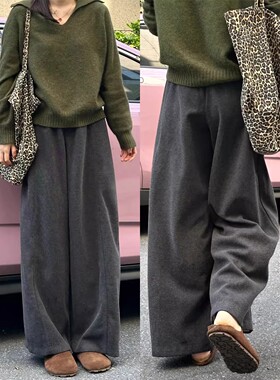 深灰色加绒弯刀裤女春秋冬新款小个子直筒阔腿裤高腰显瘦运动卫裤