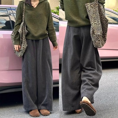 深灰加绒高腰显瘦弯刀阔腿卫裤