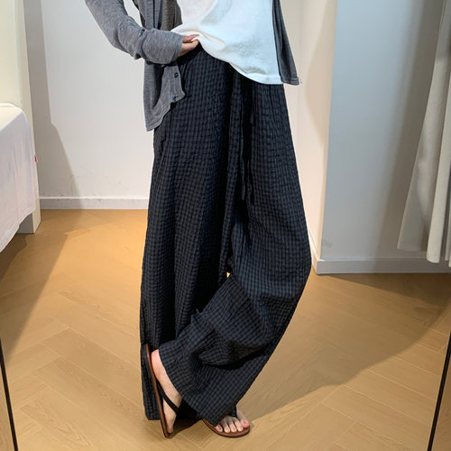 灰色格子高腰阔腿休闲裤女春秋