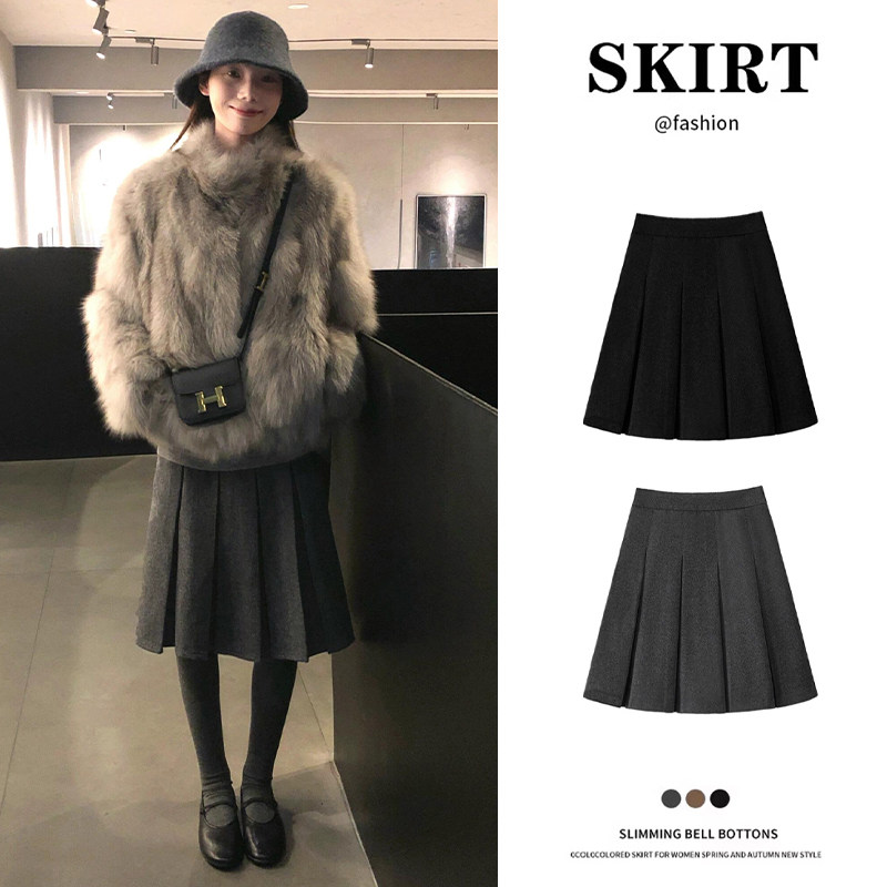 灰色毛呢百褶高腰显瘦半身裙