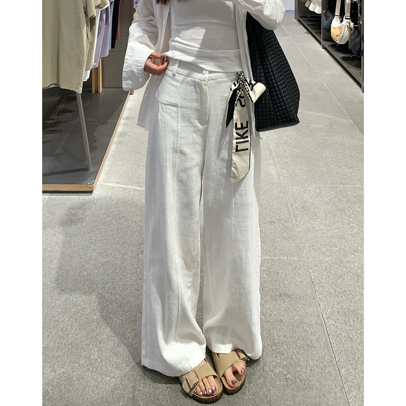 白色棉麻西装裤女春秋2026新款高腰宽松显瘦直筒裤休闲亚麻阔腿裤