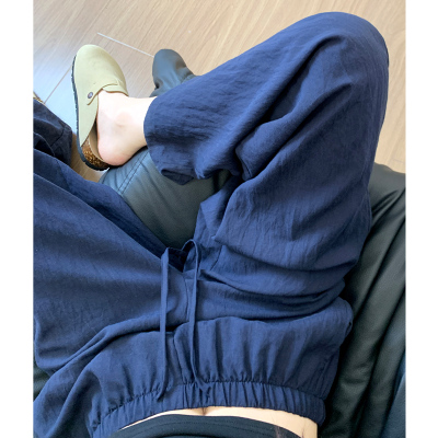 藏青色高腰速干冰丝棉麻阔腿裤