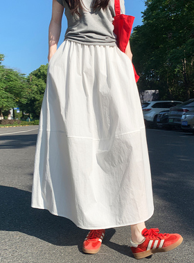 白色高腰速干伞裙女夏季2026新款小个子a字中长款纯色工装半身裙