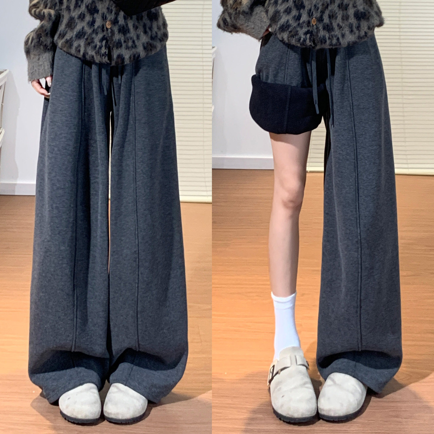 灰色阔腿裤女春秋2026新款高腰宽松垂感小个子秋冬加绒弯刀糯米裤