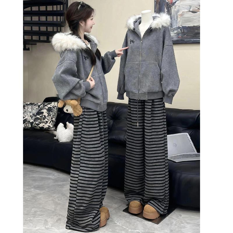 黑灰色条纹加绒阔腿裤女秋冬2025高腰宽松慵懒显瘦垂感休闲遛弯裤