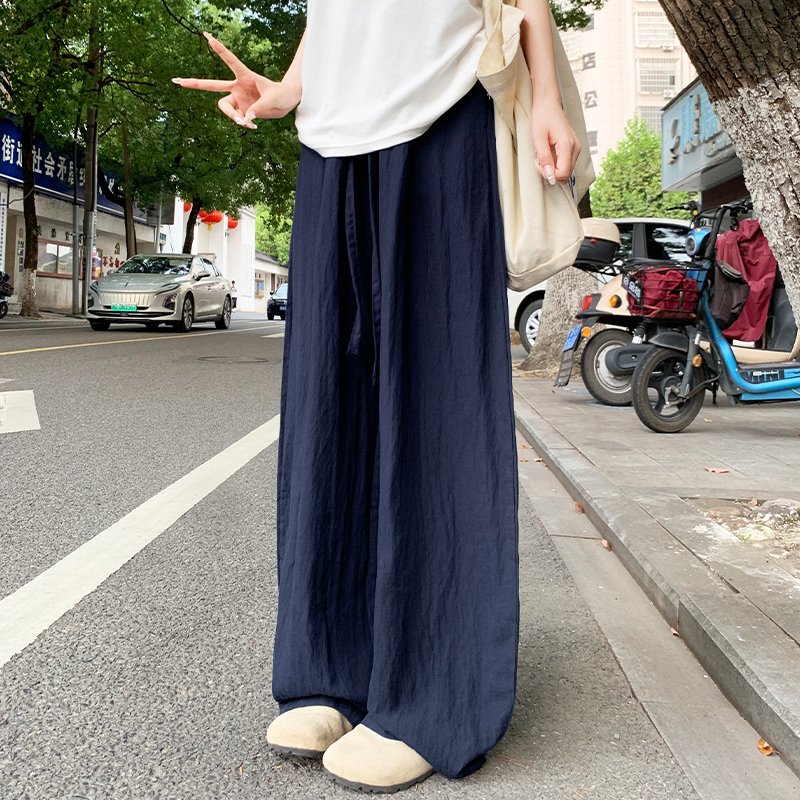 藏青色棉麻气球弯刀裤女夏季高腰显瘦阔腿裤小个子慵懒亚麻山本裤