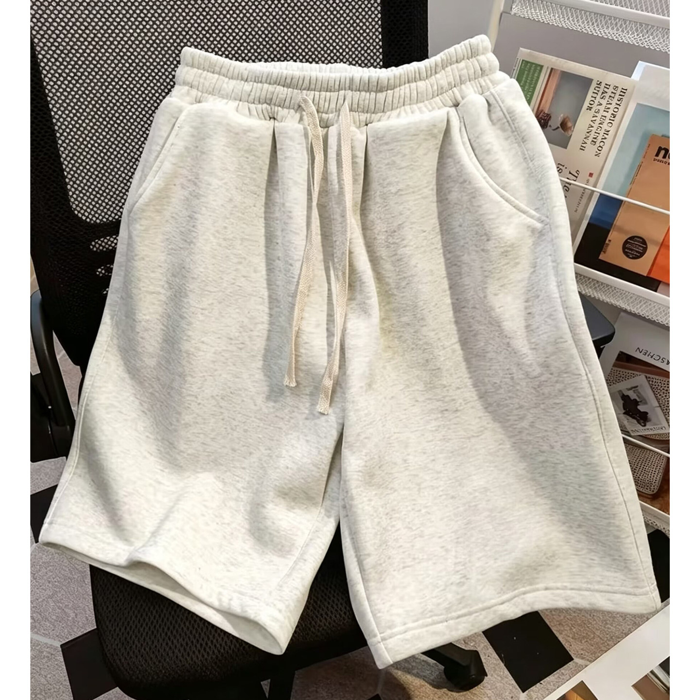 白灰色运动短裤女夏季薄款美式基础款七分中裤纯棉抽绳松紧阔腿裤