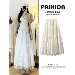 白色半身裙女春秋冬2026新款高腰a字中长裙显瘦蕾丝蓬蓬蛋糕裙子