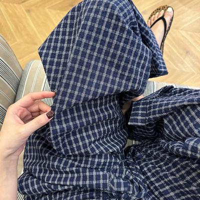 藏青色格子裤女夏季新款高腰垂坠感遛弯裤宽松显瘦直筒休闲阔腿裤