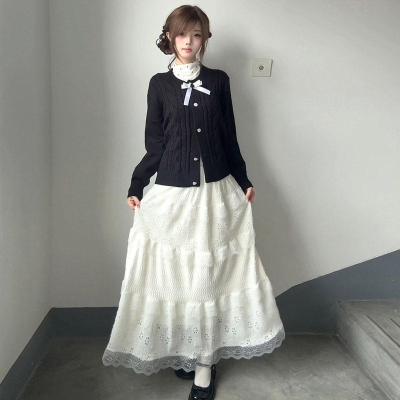 白色半身裙女春秋新款高腰显瘦温柔风a字裙中长款蕾丝蓬蓬蛋糕裙