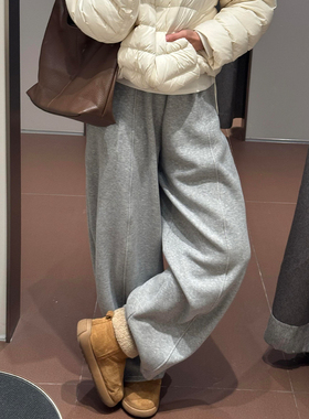 浅灰色中线糯米弯刀裤女秋冬加绒2025新款高腰显瘦宽松休闲阔腿裤