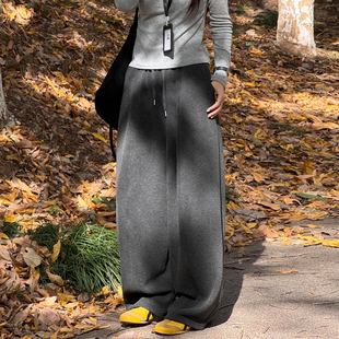 小个子高腰显瘦休闲加绒弯刀裤 2025新款 女秋冬季 深灰色糯米阔腿裤