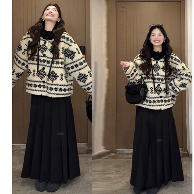 黑色毛呢高腰显瘦A字百褶长裙