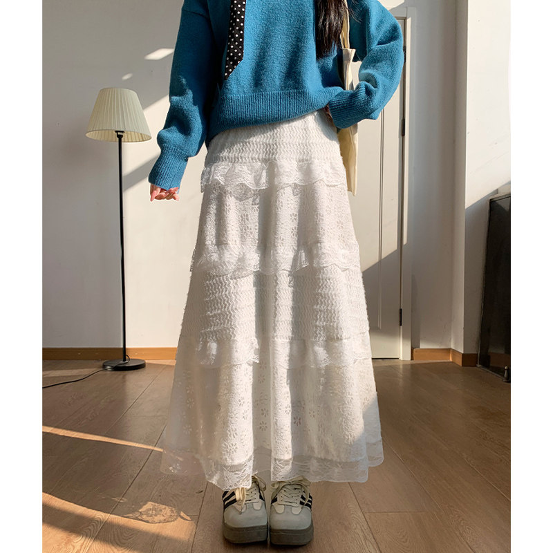 白色蕾丝蛋糕裙女春秋高腰宽松显瘦中长款a字蓬蓬半身裙镂空裙子