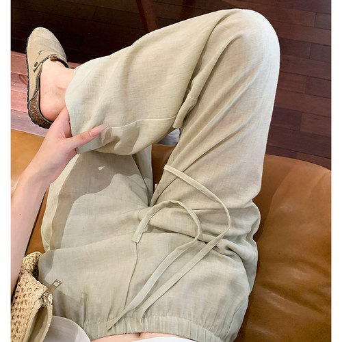 苎麻裤女水洗亚麻阔腿裤夏季休闲松弛感老钱风高腰直筒棉麻拖地裤