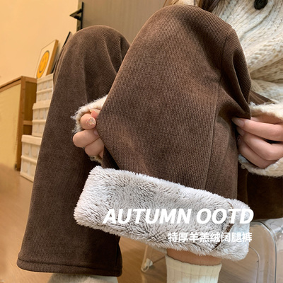 棕咖色加绒阔腿裤女秋冬季