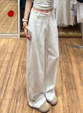白色棉麻西装裤女春秋2026高腰宽松显瘦直筒裤休闲亚麻拖地阔腿裤