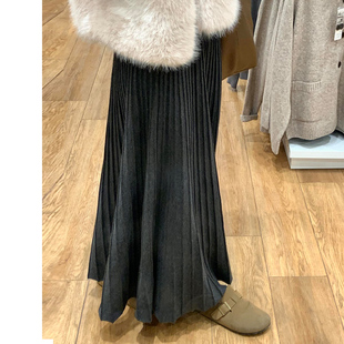 深灰色毛呢裙半身裙女春秋冬2026新款 细褶百褶裙 高腰a字伞裙长款