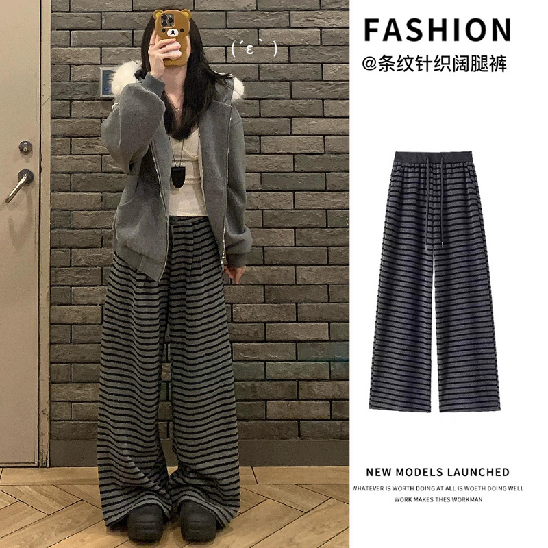 美式条纹阔腿裤女秋冬2025新款