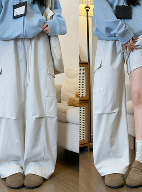 白色美式工装裤女春秋季2026高腰小个子宽松阔腿裤显瘦休闲弯刀裤