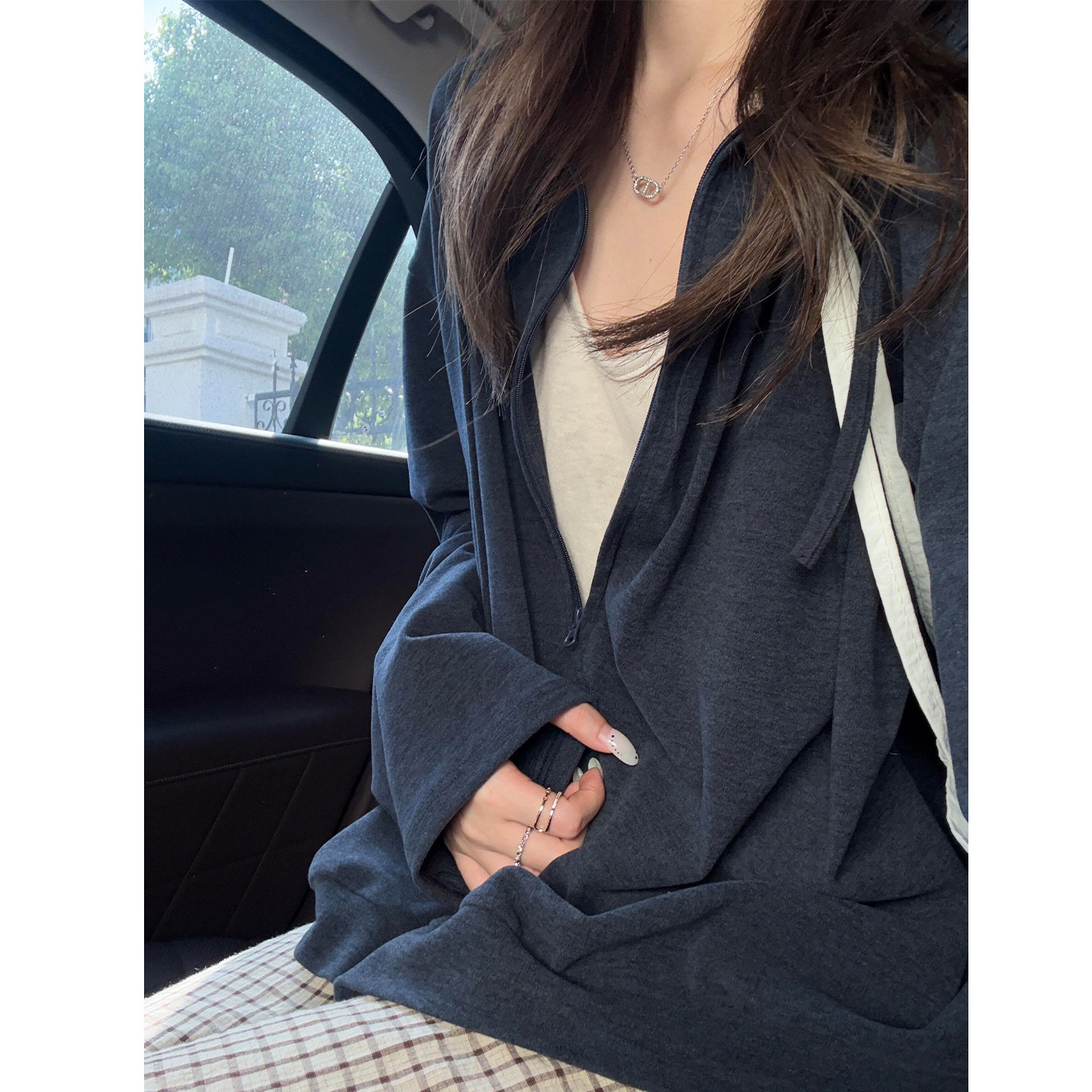 藏青色连帽拉链卫衣女春秋慵懒