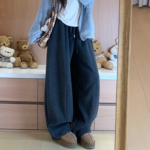 深灰色中线糯米弯刀裤女秋冬季2025新款高腰加绒宽松显瘦阔腿卫裤