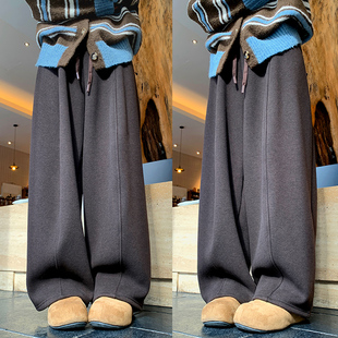 咖色中线糯米阔腿裤女秋冬高腰小个子宽松显瘦慵懒加绒香蕉弯刀裤