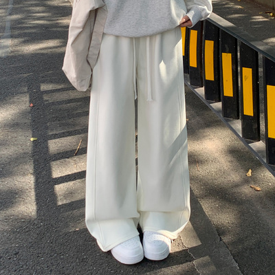 白色加绒高腰阔腿显瘦卫裤女