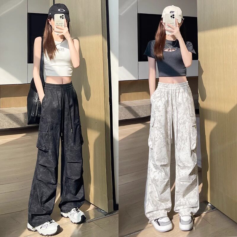 黑色扎染工装裤女夏2026新款高腰显瘦直筒阔腿裤小个子迷彩运动裤