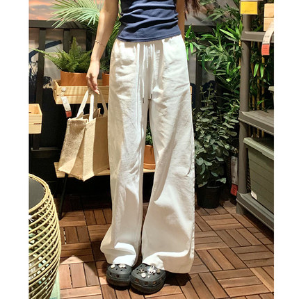 白色阔腿裤女夏季2025新款宽松直筒牛仔棉麻小个子春秋拖地休闲裤