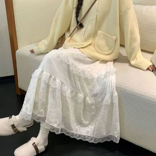 白色蕾丝半身裙女春秋2026新款蓬蓬蛋糕裙高腰显瘦小个子a字纱裙