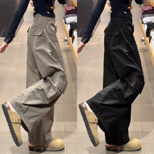 美式加绒工装裤女秋冬季2025新款保暖弯刀裤子高腰休闲宽松阔腿裤