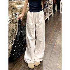 白色抽绳阔腿裤女夏2025新款宽松直筒牛仔棉麻裤小个子窄版休闲裤